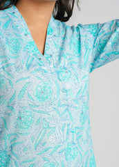 Teal Block Printed Cotton Kurta