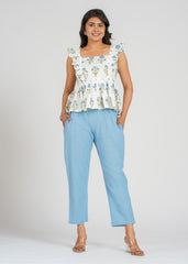 Blue Narrow Leg Cotton Pants