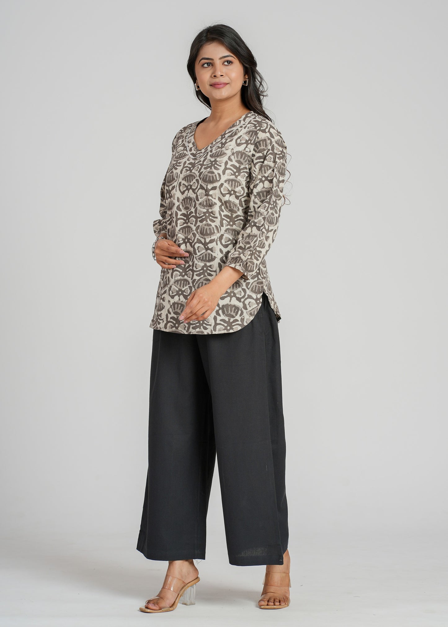 Grey Dabu Printed Short Kurti