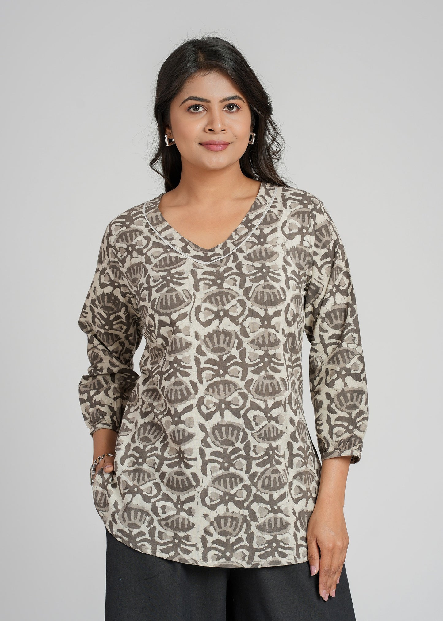 Grey Dabu Printed Short Kurti