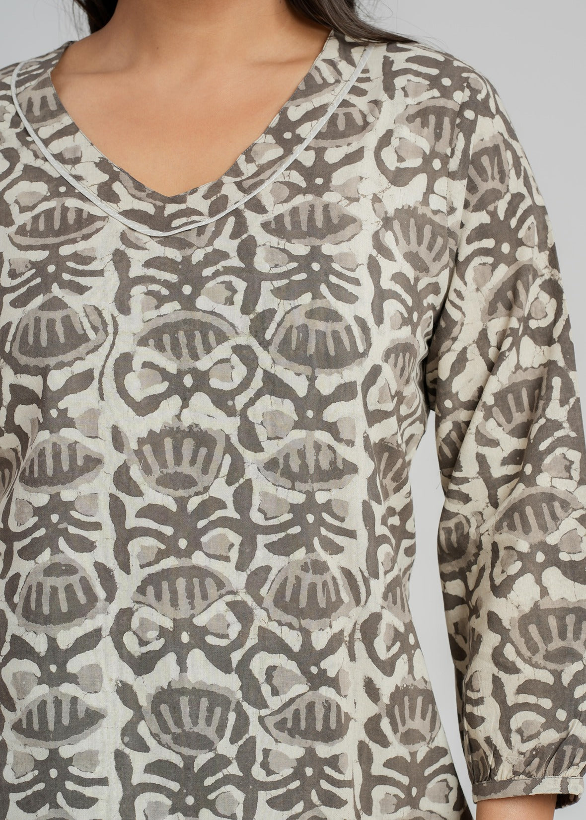 Grey Dabu Printed Short Kurti