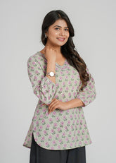 Grey Block Printed Short Kurti