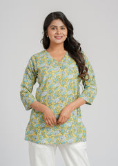 Green Block Printed Short Kurti