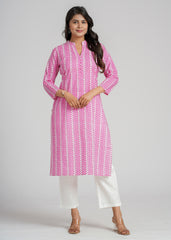 Pink Zig-Zag Cotton Printed Straight Kurta