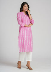 Pink Zig-Zag Cotton Printed Straight Kurta