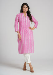 Pink Zig-Zag Cotton Printed Straight Kurta