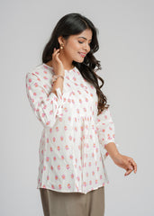 White Block Printed Short Top