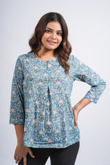 Teal Petal Printed Cotton Short Top