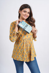 Mustard Floral Block Printed Short Top