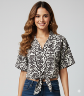 Monochrome Leaf Tie-Front Crop Shirt