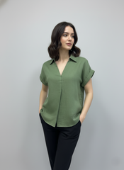 Olive Double Gauze Collared Top