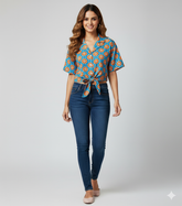 Tangerine Mosaic Tie-Front Crop Shirt