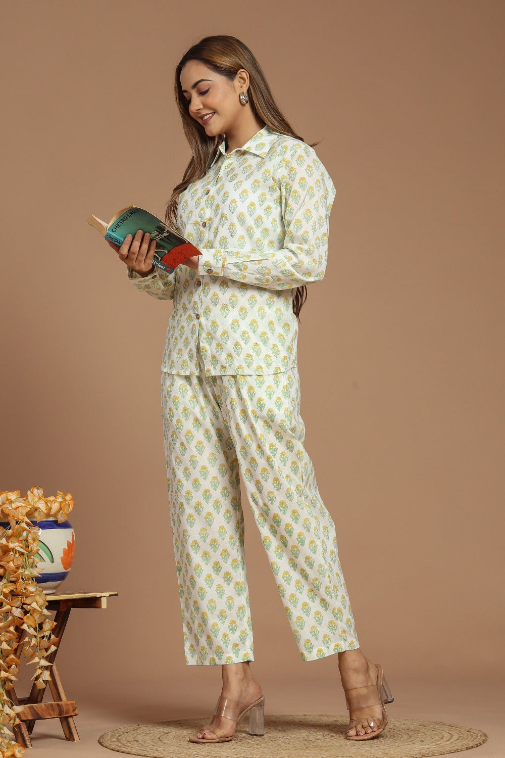 Sunshine Buta Bliss: White Yellow Printed Co-ord Set