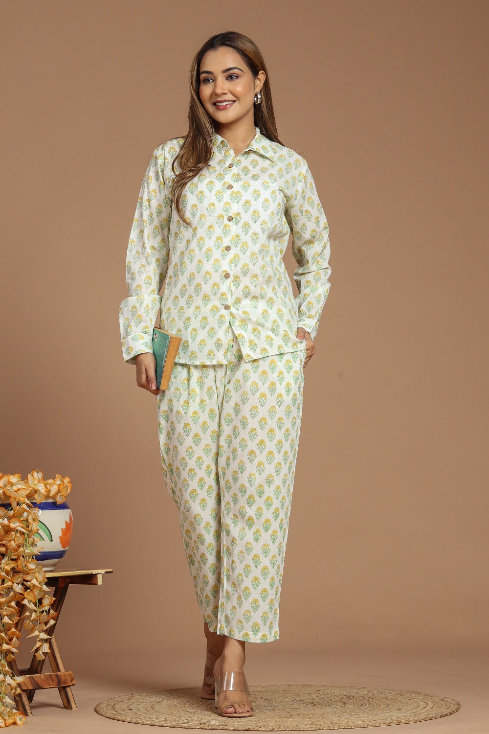 Sunshine Buta Bliss: White Yellow Printed Co-ord Set