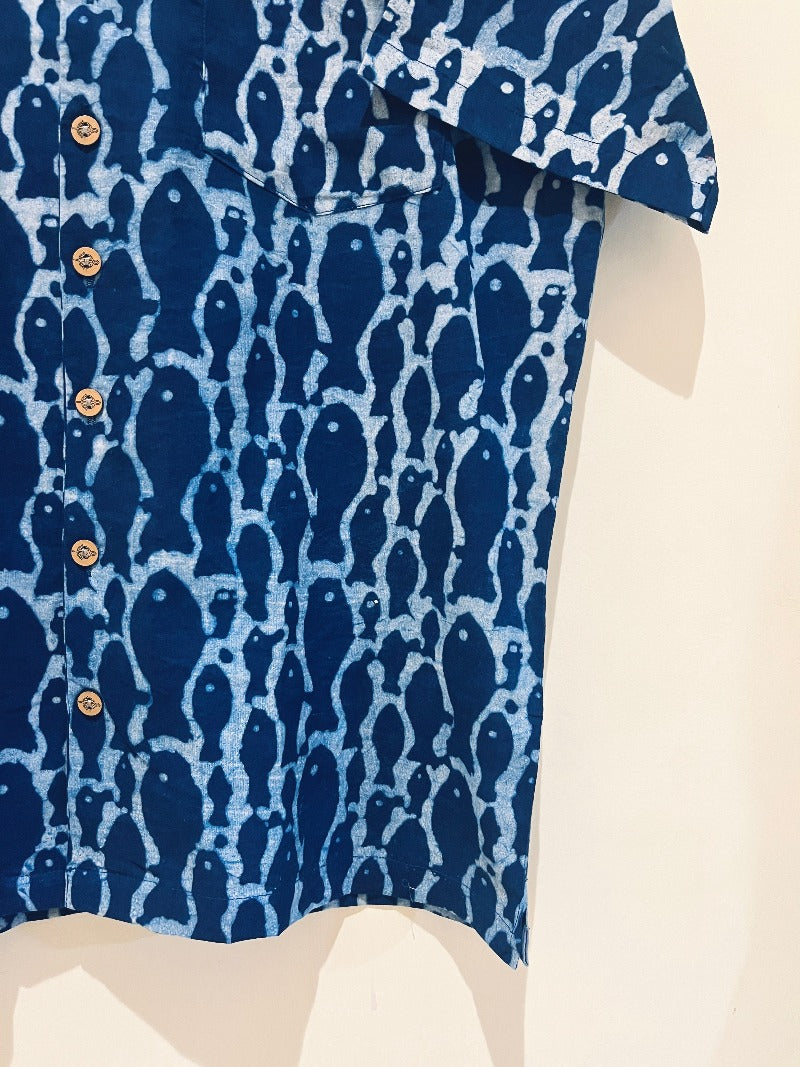 NATURAL INDIGO COTTON DABU PRINTED HALF SLEEVE SHIRT