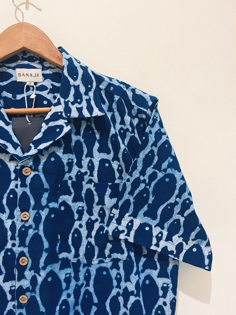 NATURAL INDIGO COTTON DABU PRINTED HALF SLEEVE SHIRT