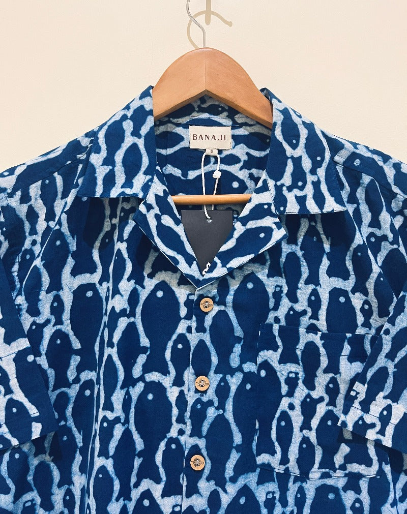 NATURAL INDIGO COTTON DABU PRINTED HALF SLEEVE SHIRT