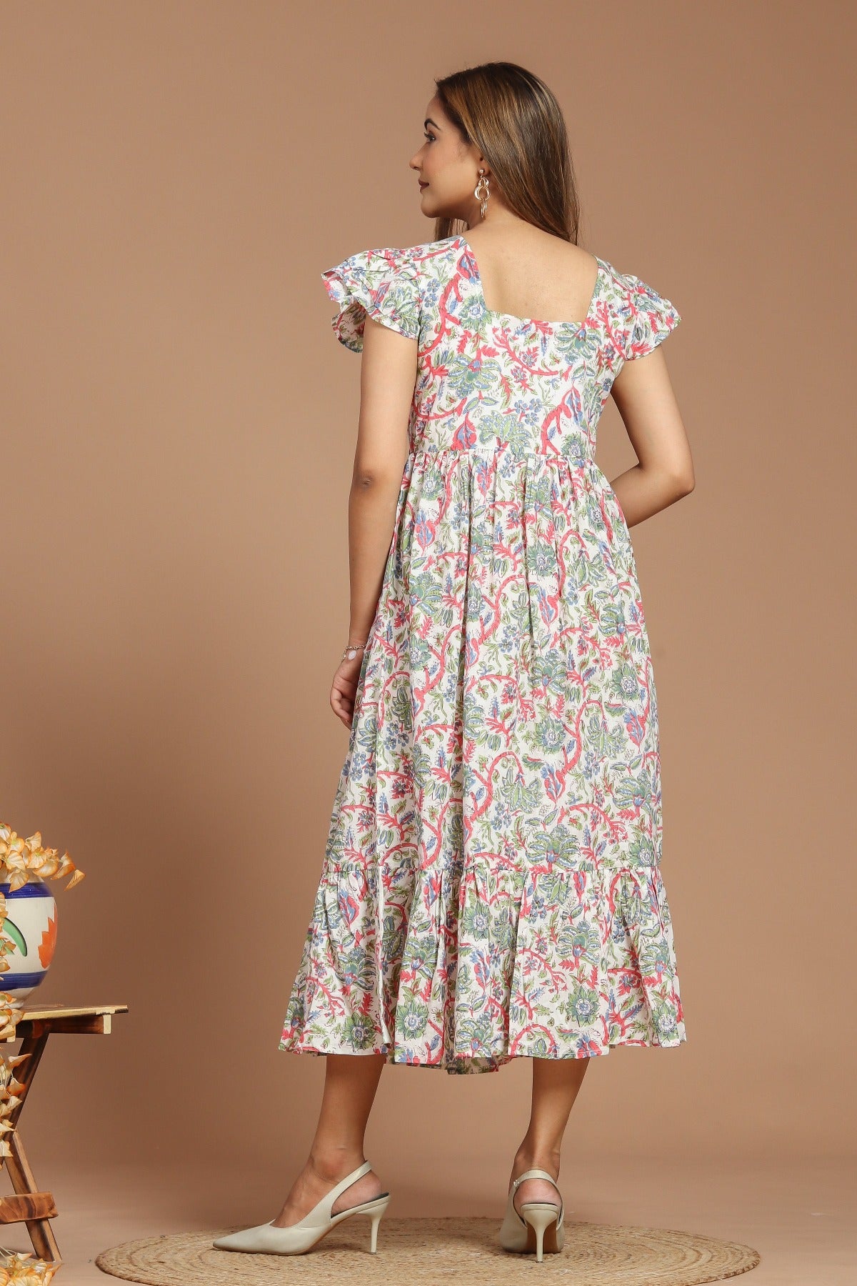 Peachy Sage Whisper Block Printed Dress