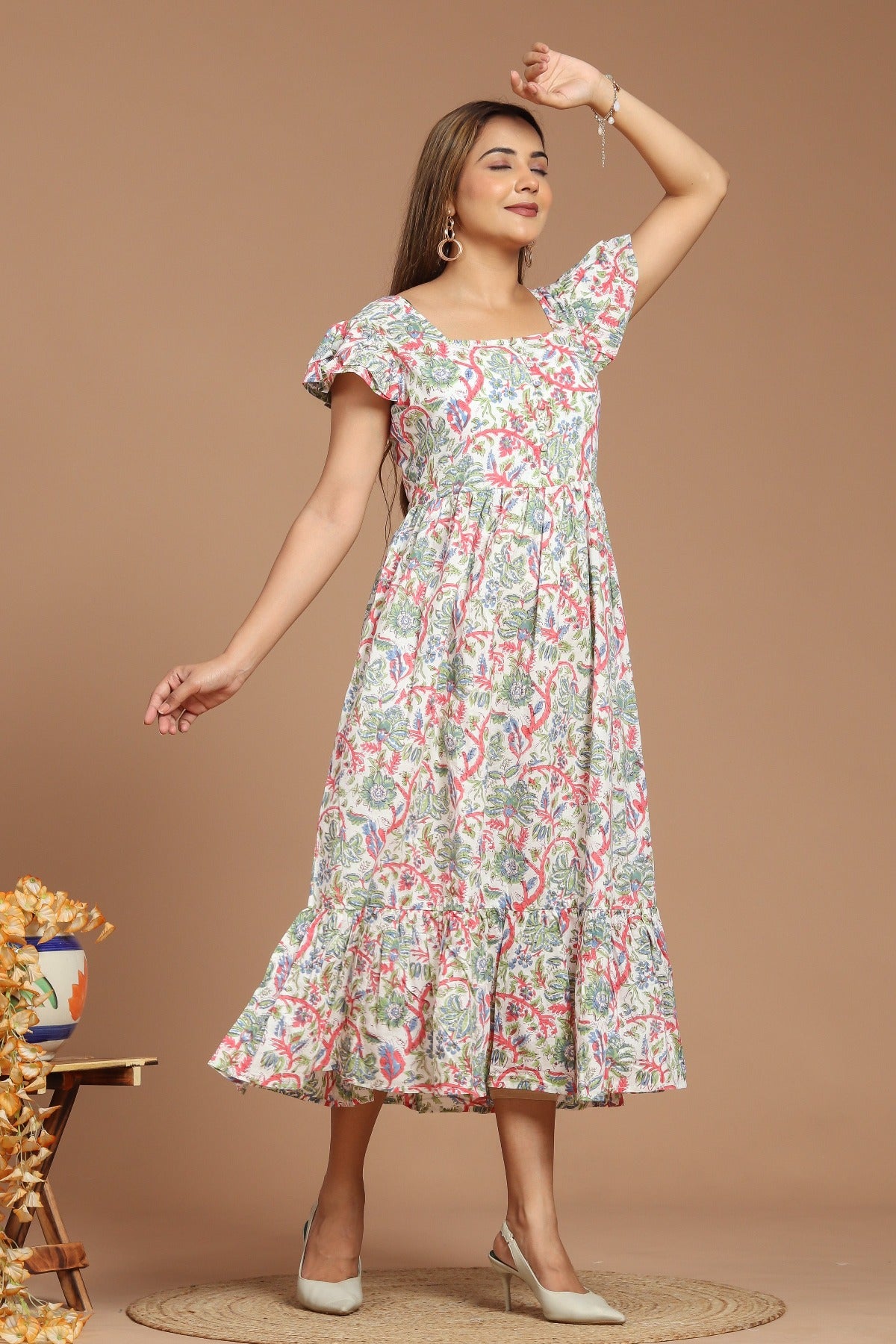 Peachy Sage Whisper Block Printed Dress