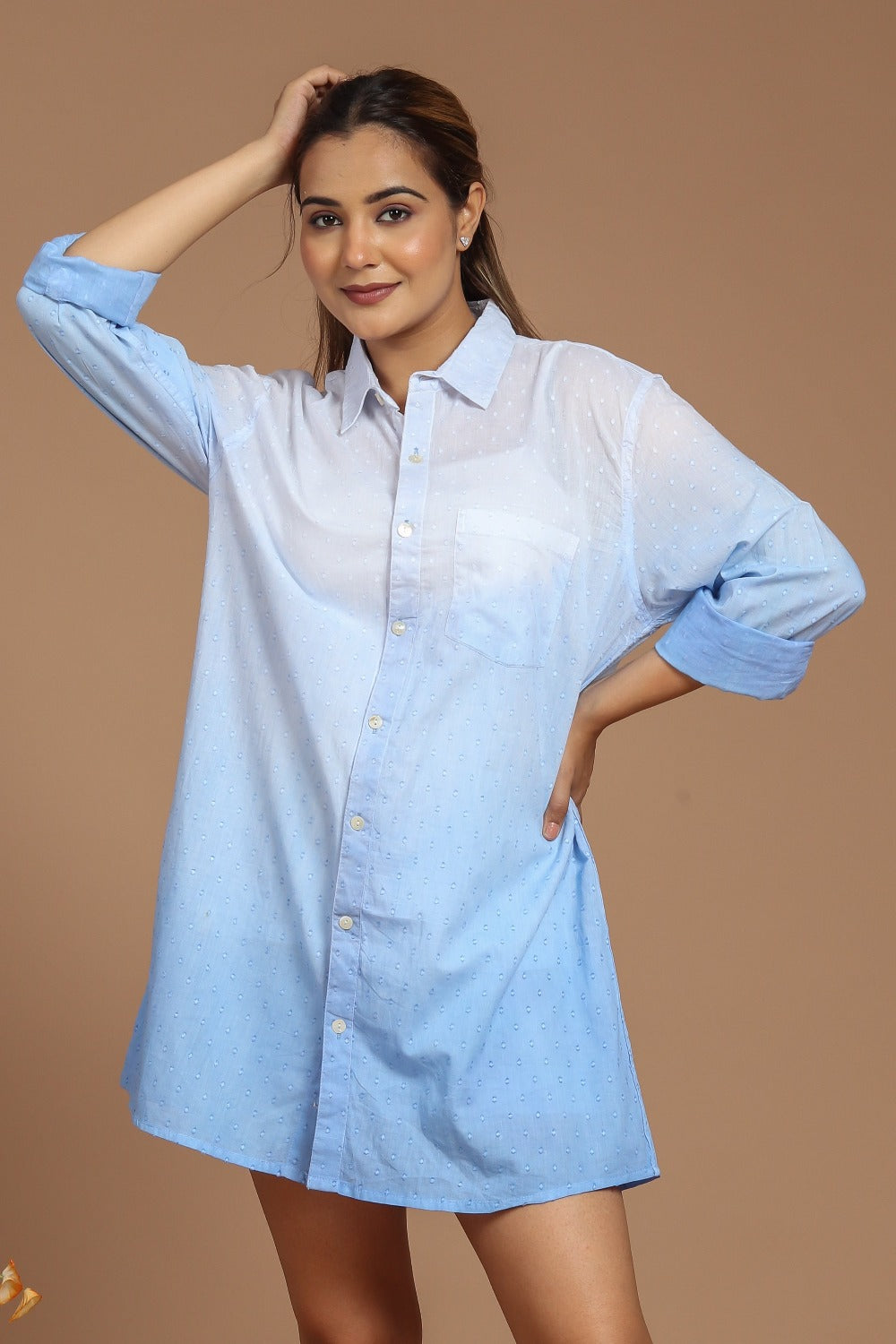 Blue Hues Dip-Dyed Cotton Shirt Dress