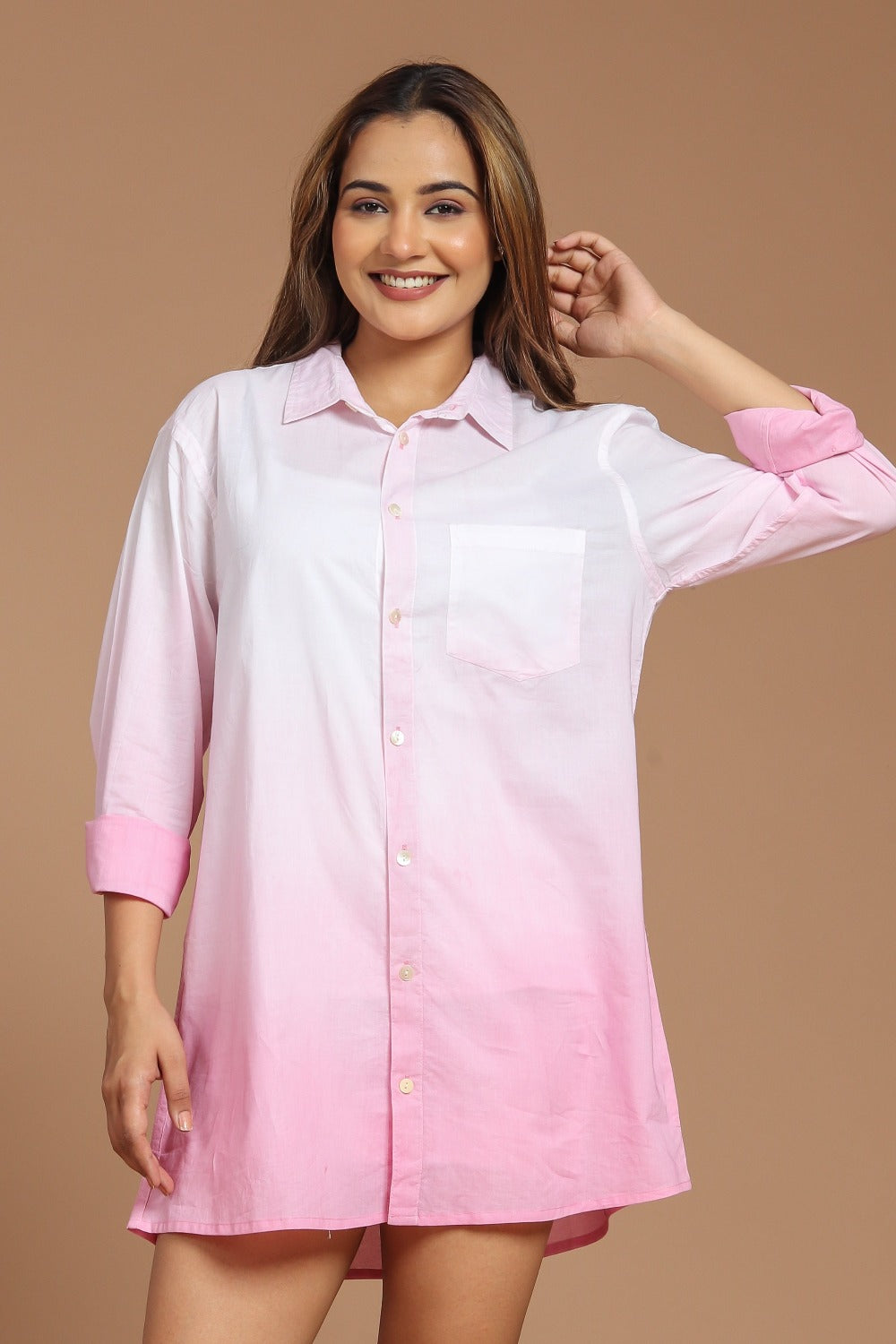 Pink Hues Dip-Dyed Cotton Shirt Dress