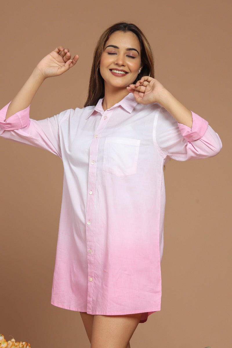 Pink Hues Dip-Dyed Cotton Shirt Dress