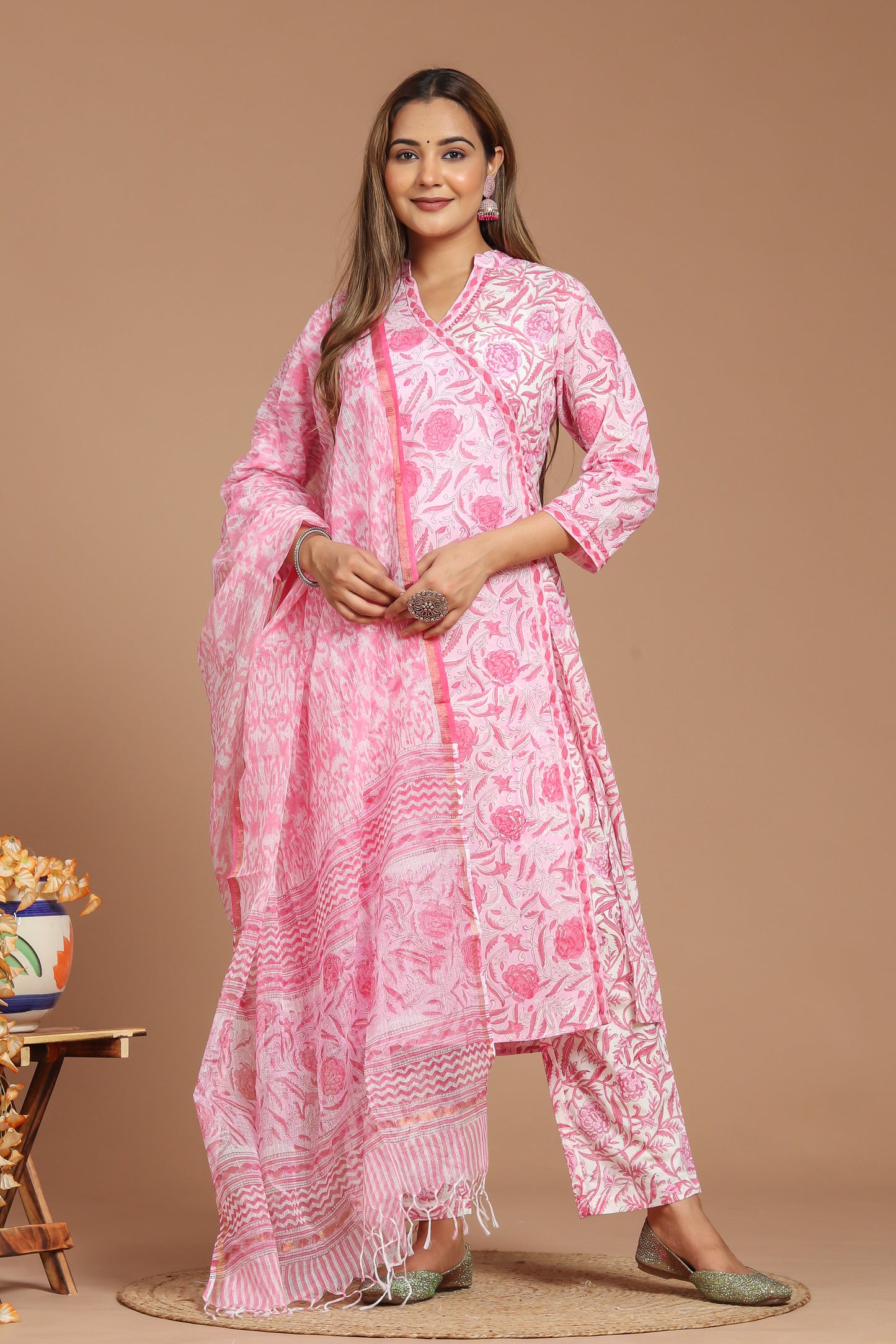 Blooming Pink Cotton Printed Kurta Pant Set With Kota Doria Dupatta