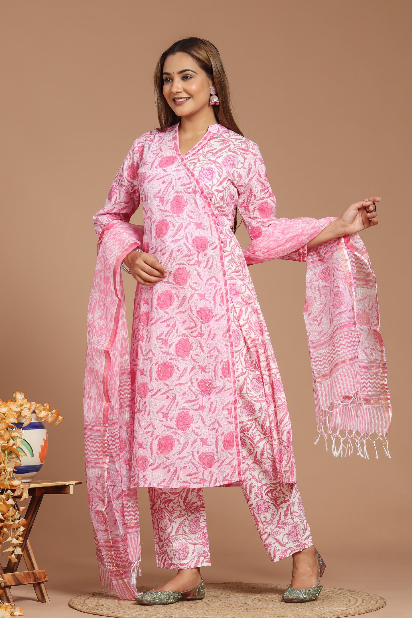 Blooming Pink Cotton Printed Kurta Pant Set With Kota Doria Dupatta