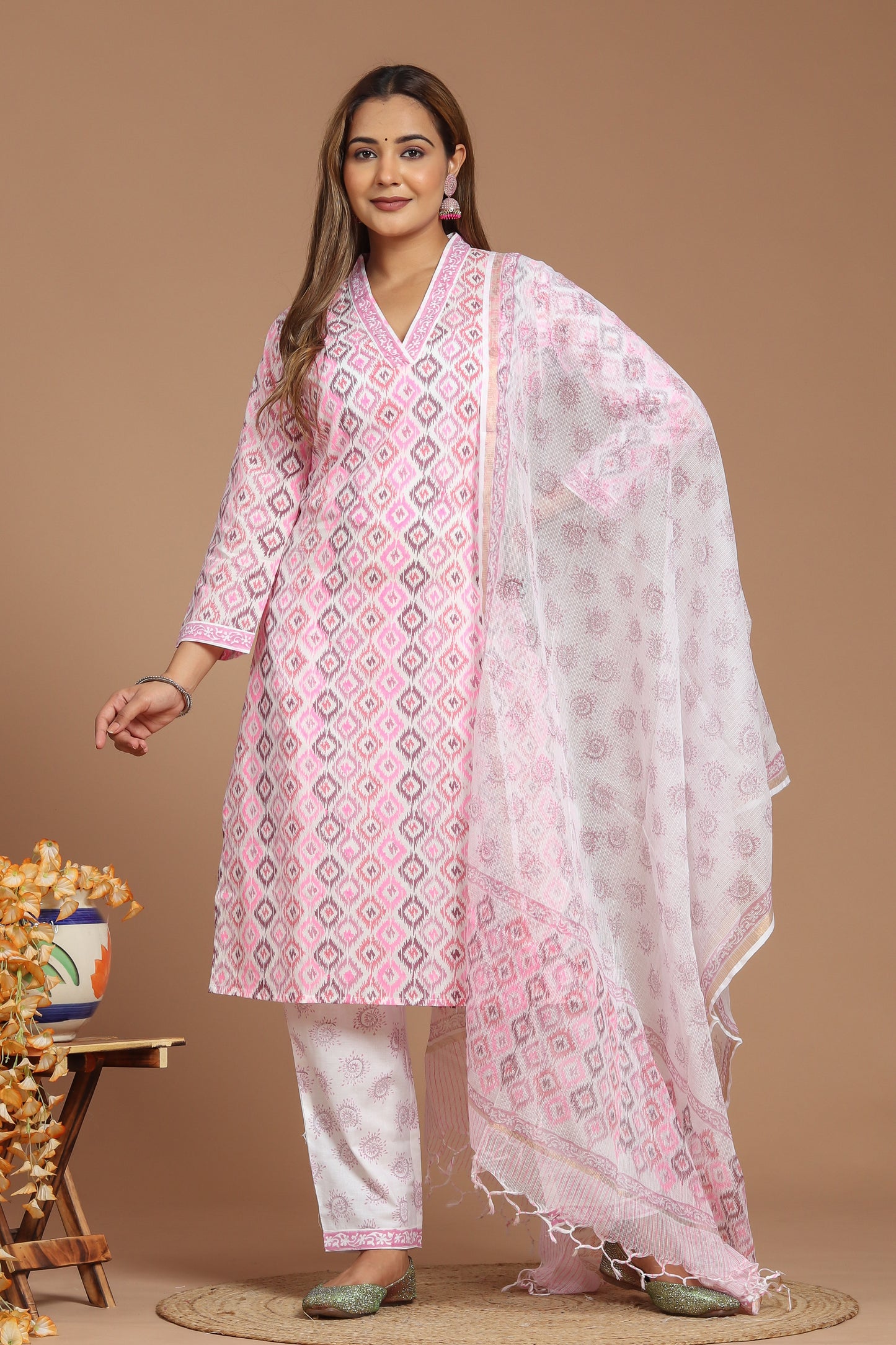 Cotton Printed Kurta Pant Set With Kota Doria Dupatta