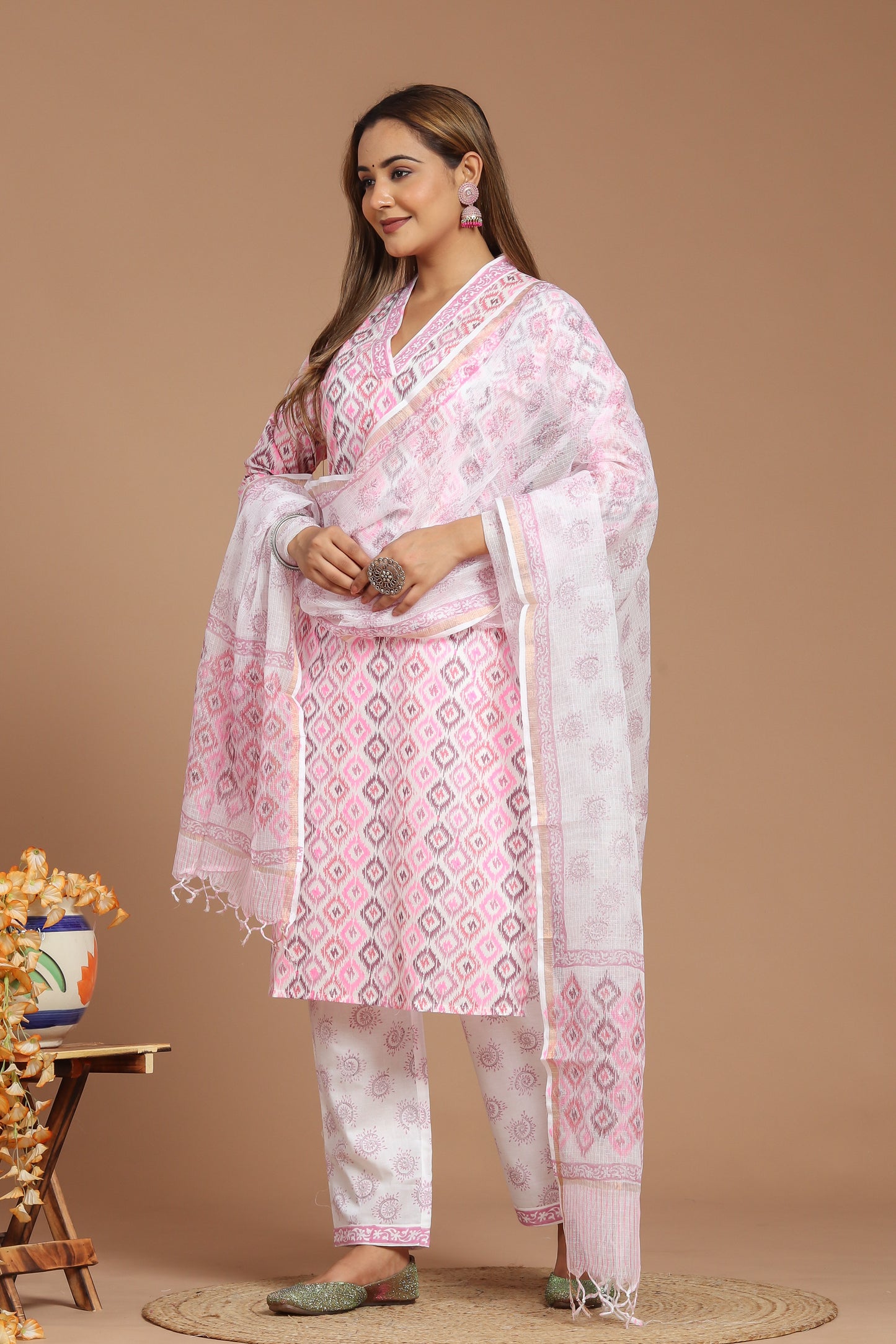 Cotton Printed Kurta Pant Set With Kota Doria Dupatta