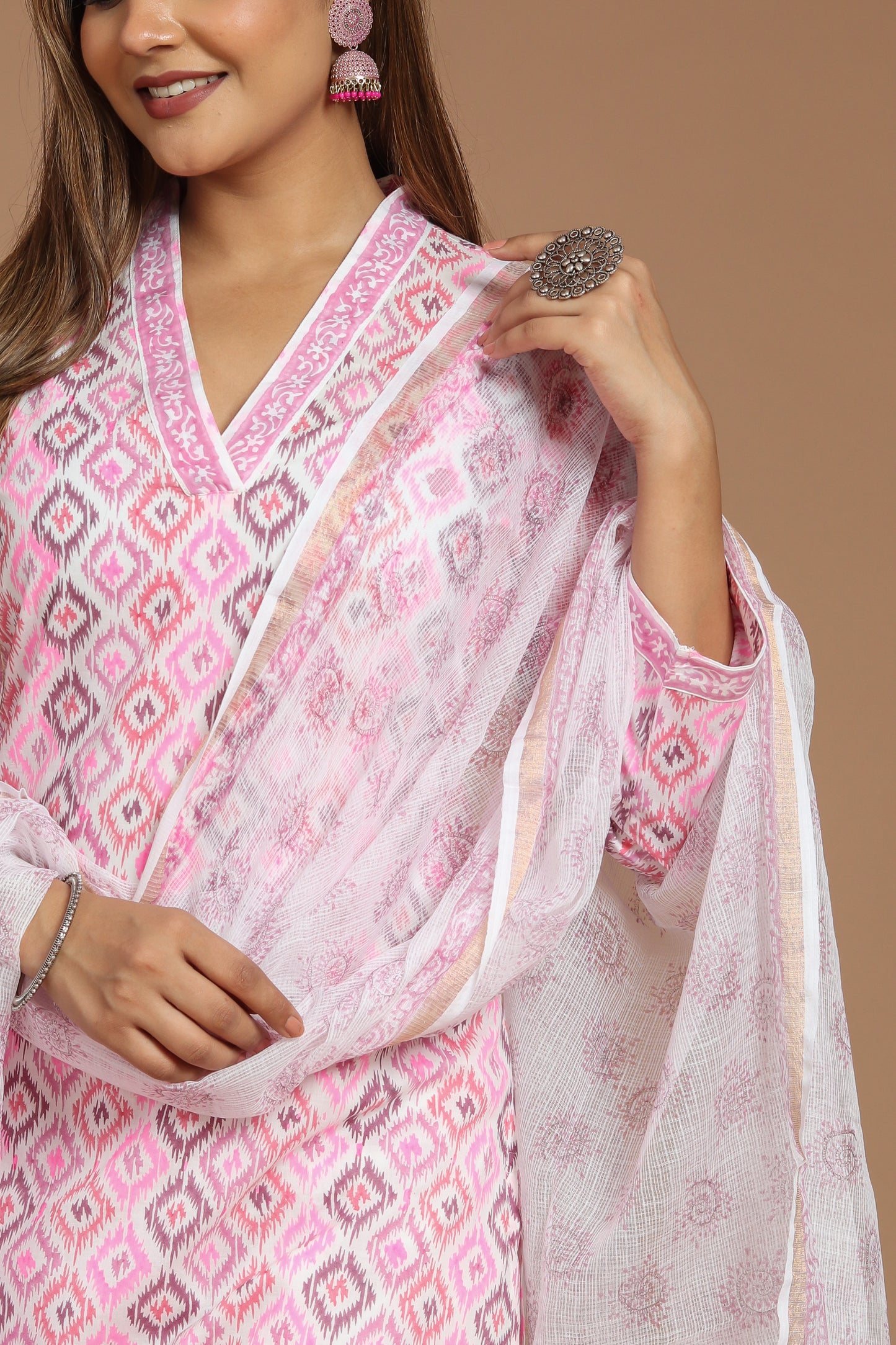Cotton Printed Kurta Pant Set With Kota Doria Dupatta