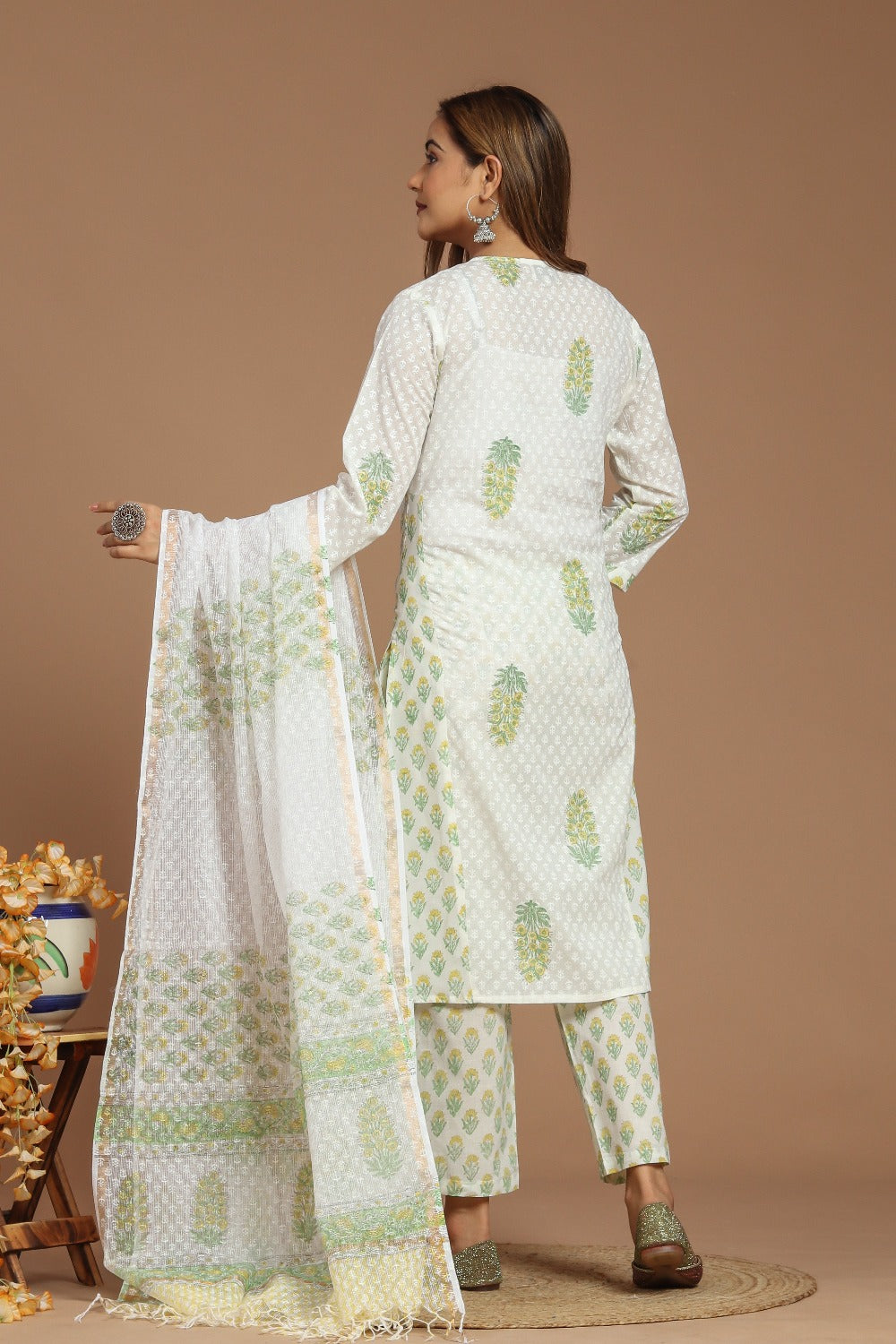 Serene White and Yellow Green Buta Printed Kurta Pant Set With Kota Doria Dupatta