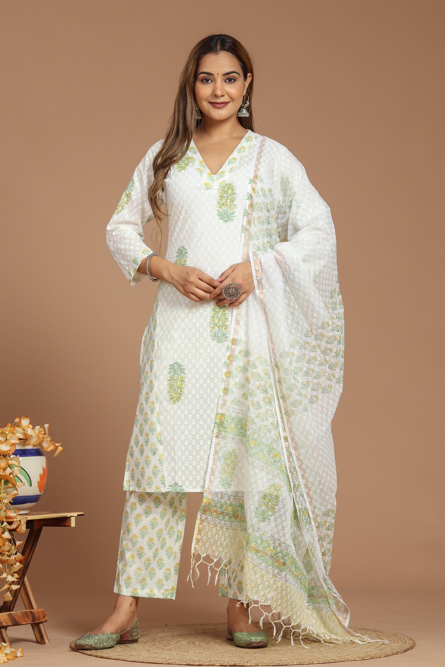 Serene White and Yellow Green Buta Printed Kurta Pant Set With Kota Doria Dupatta