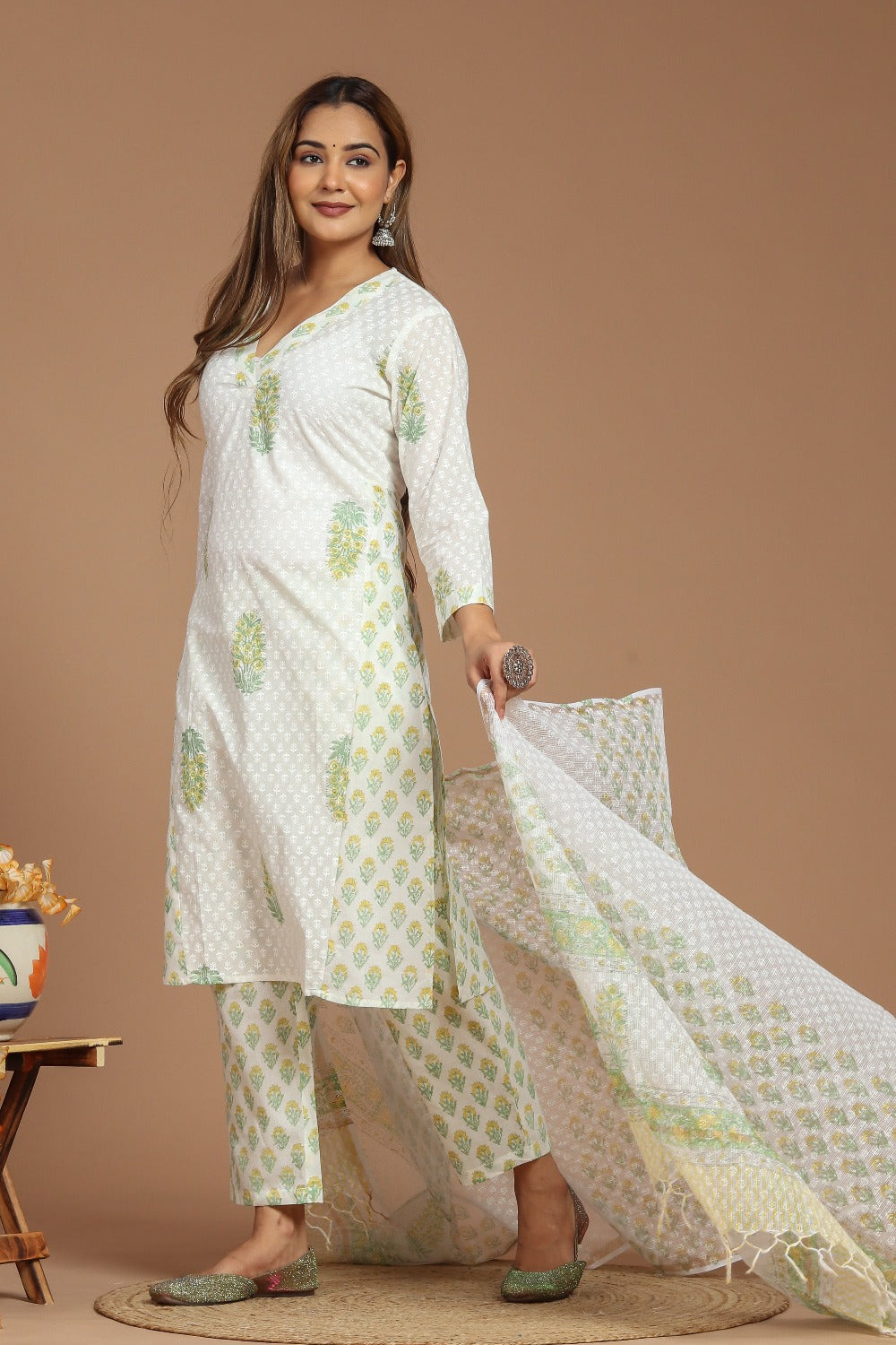 Serene White and Yellow Green Buta Printed Kurta Pant Set With Kota Doria Dupatta