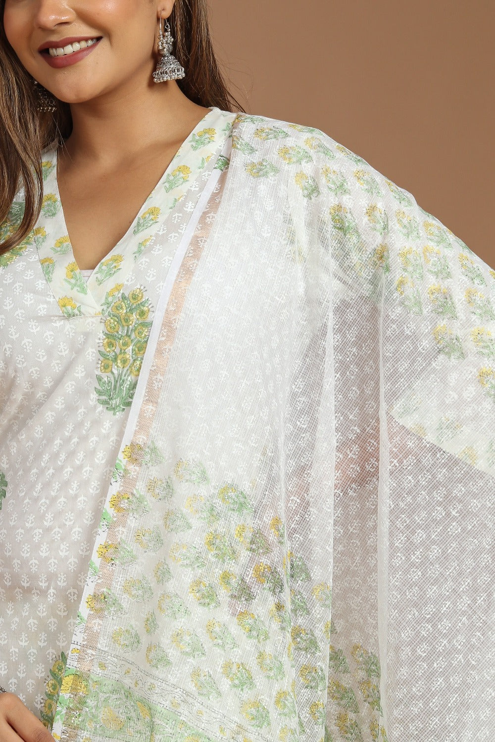 Serene White and Yellow Green Buta Printed Kurta Pant Set With Kota Doria Dupatta