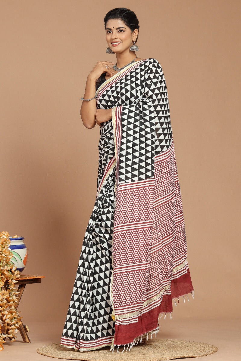 Regal Opulence: Red and Black Geometrical Print Handwoven Cotton Saree