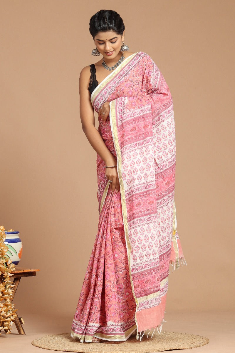 Pink Floral Print Handwoven Cotton Saree