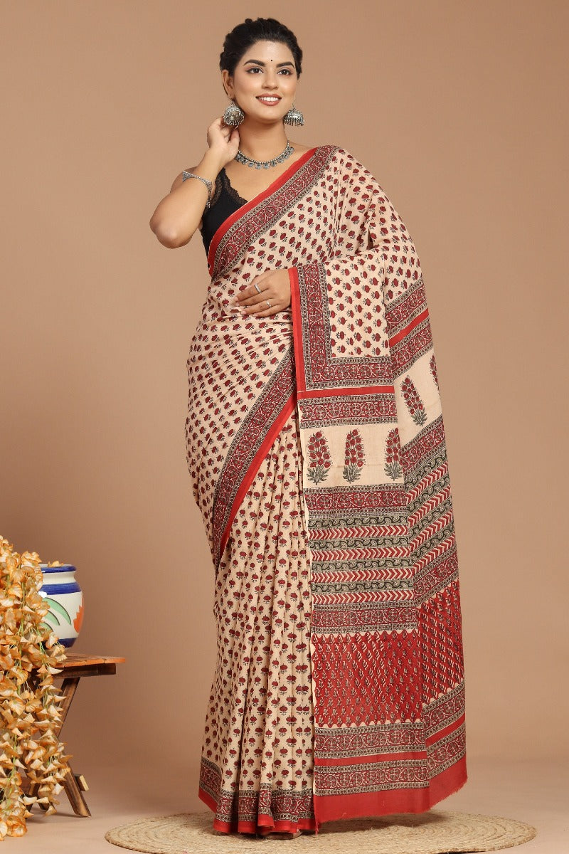 Regal Splendor: Royal Red Print Cotton Voile Saree
