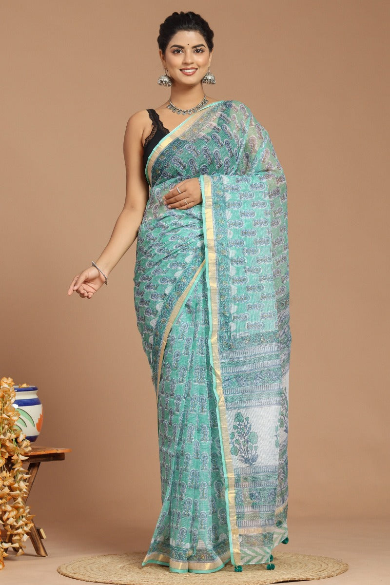 Enchanting Serenity: Sage Green Buta Print Kota Doria Saree