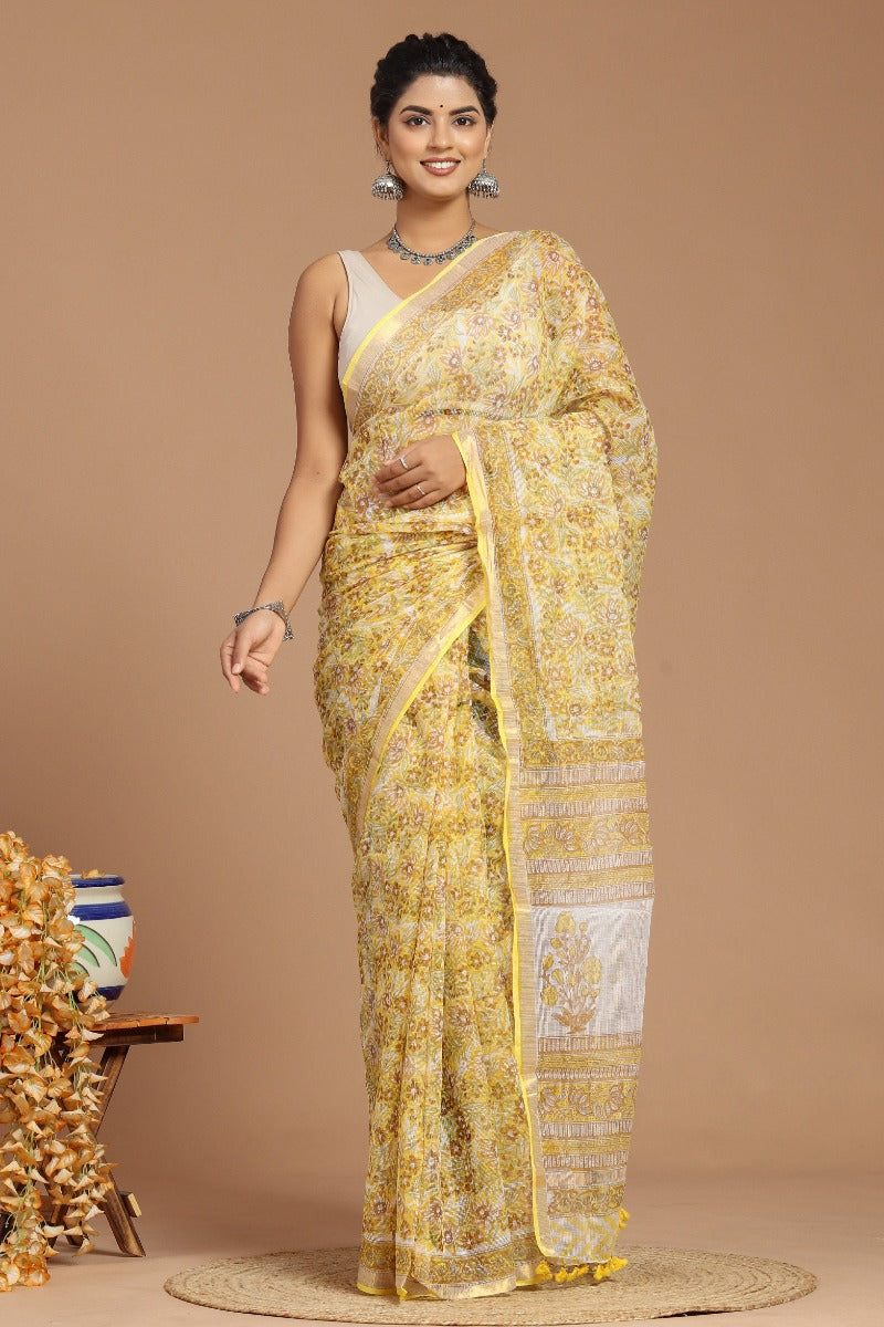 Sunshine Elegance: Yellow and White Floral Print Kota Doria Saree