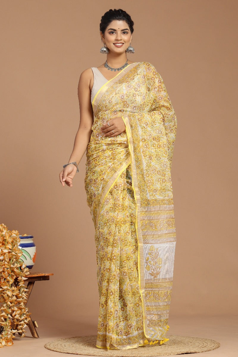 Yellow and White Floral Print Kota Doria Saree