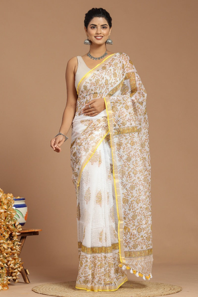 Sunshine Elegance: Yellow and White Buta Print Kota Doria Saree