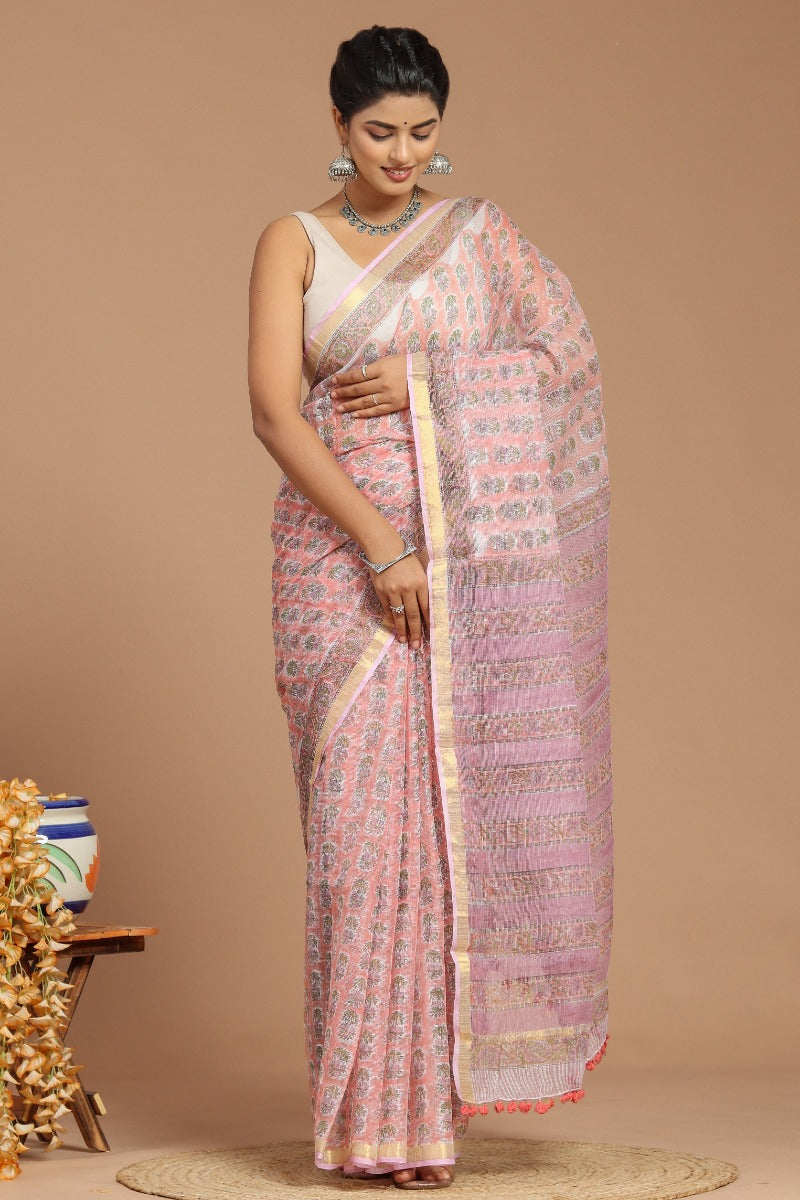 Whispering Romance: Dusty Pink Buta Print Kota Doria Saree