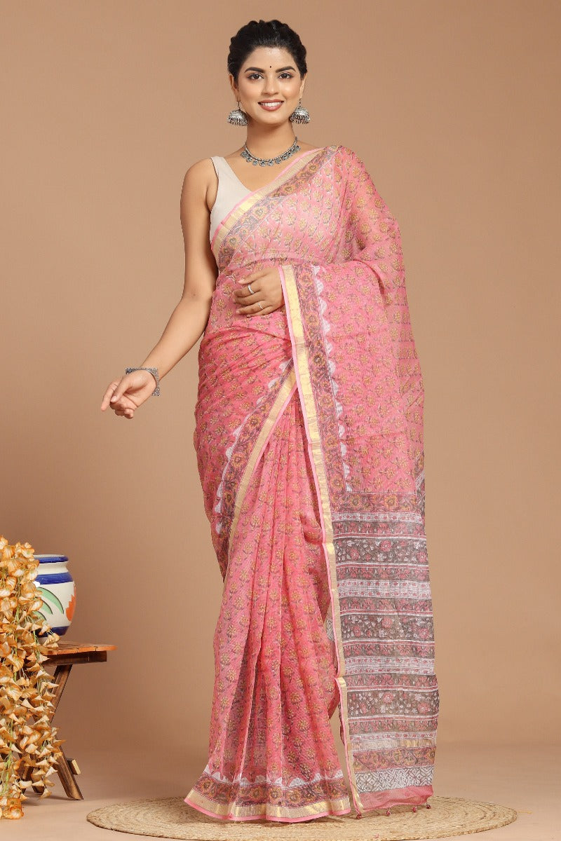 Pink Blossoms: Beautiful Pink Buta Print Kota Doria Saree