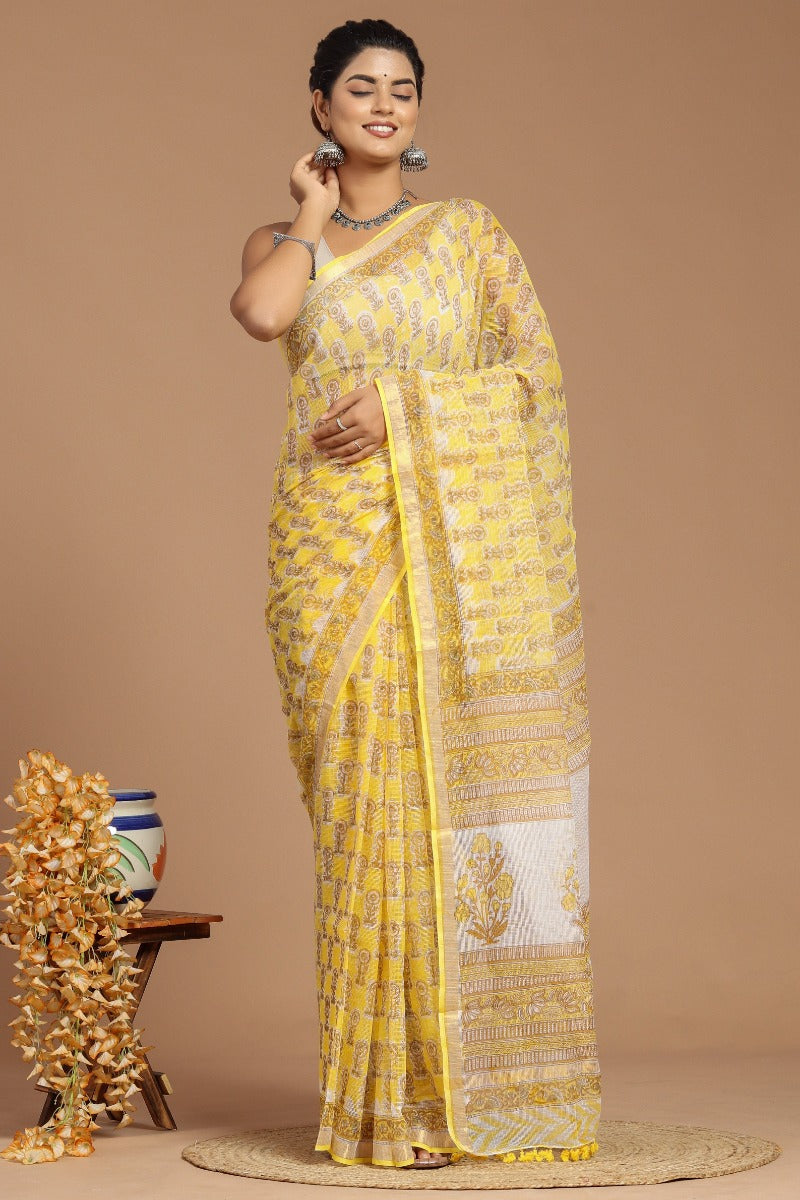 Yellow and White Buta Print Kota Doria Saree