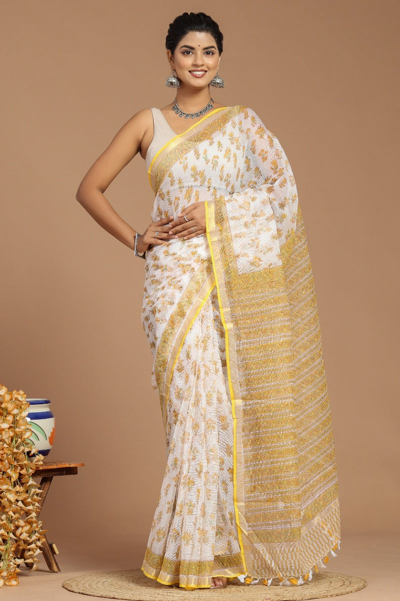 Yellow and White Buta Print Kota Doria Saree