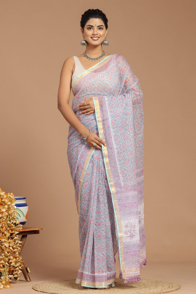 Lavender Dreams: Floral Print Kota Doria Saree