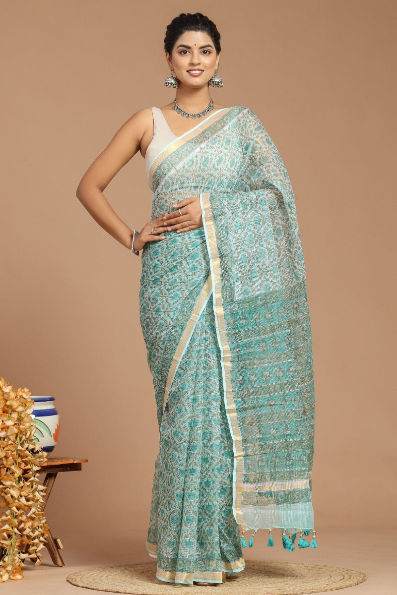 Enchanting Serenity: Sage Green Floral Print Kota Doria Saree