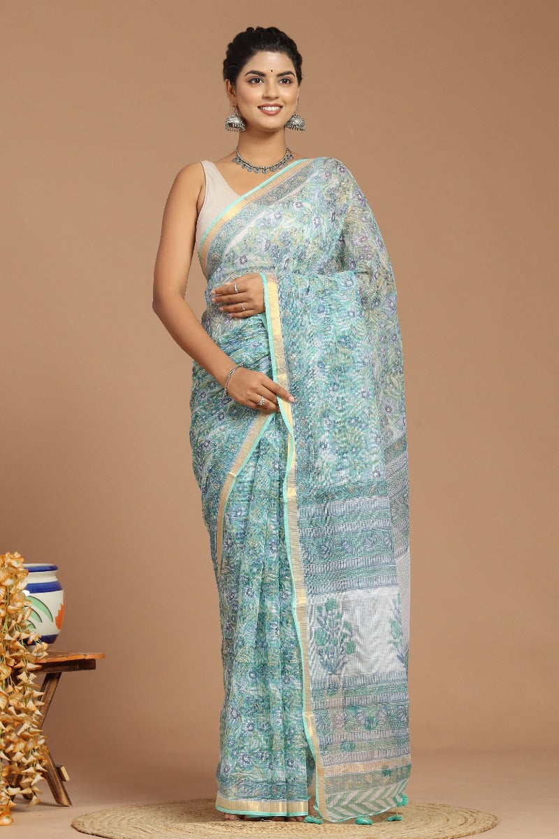 Enchanting Serenity: Sage Green Floral Print Kota Doria Saree