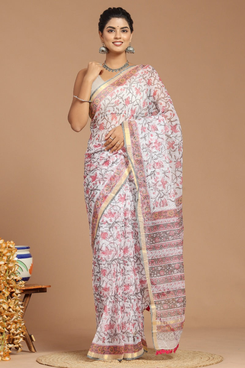 Whispering Romance: Dusty Pink Floral Print Kota Doria Saree